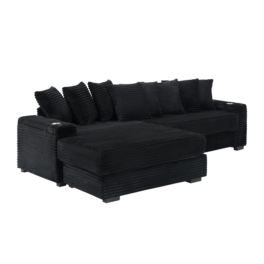 111.4 ' Black corduroy sofa, armrest with cup holder and storage function, recliner can be changed left and right, suitable for living room bedroom lounge area