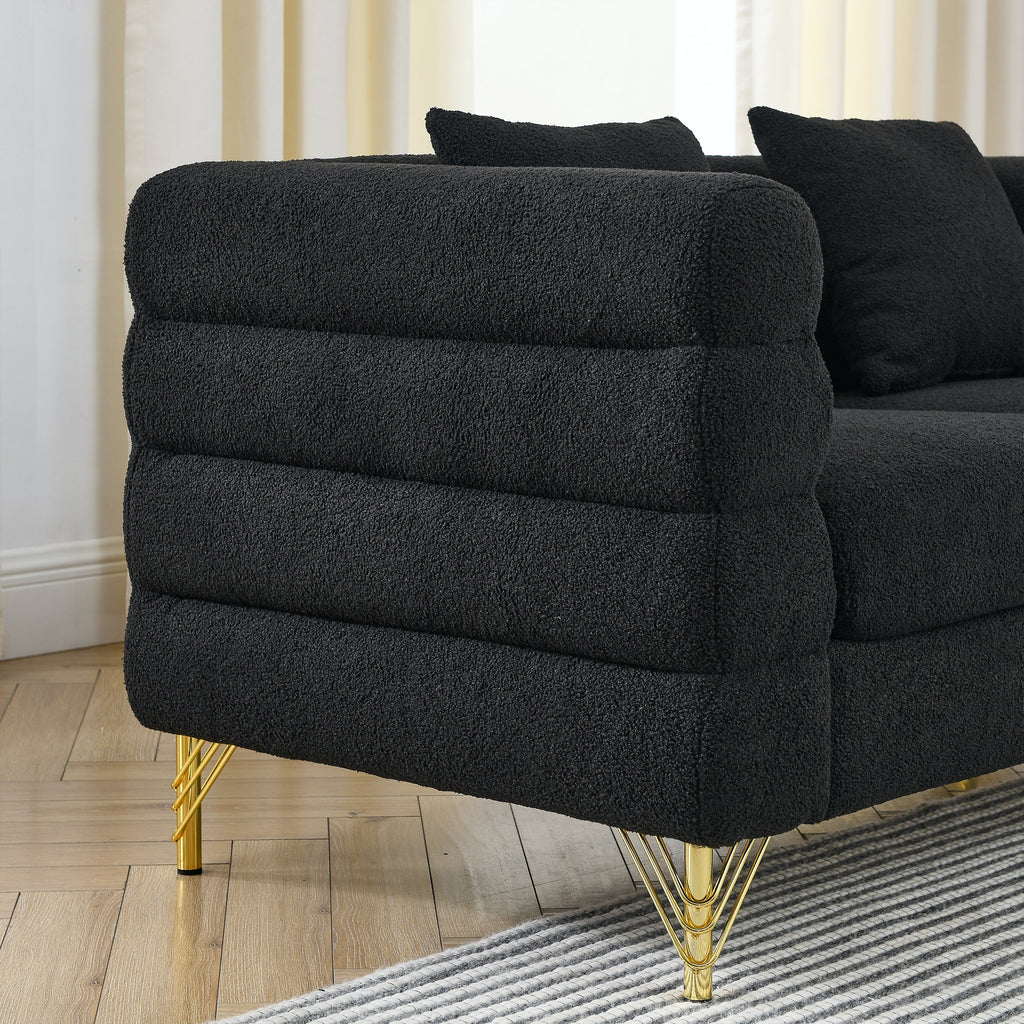 60Inch Oversized 2 Seater Sectional Sofa, Living Room Comfort Fabric Sectional Sofa-Deep Seating Sectional Sofa, Soft Sitting with 2 Pillows for Living Room, Bedroom, Office, Black teddy(W834S00030)