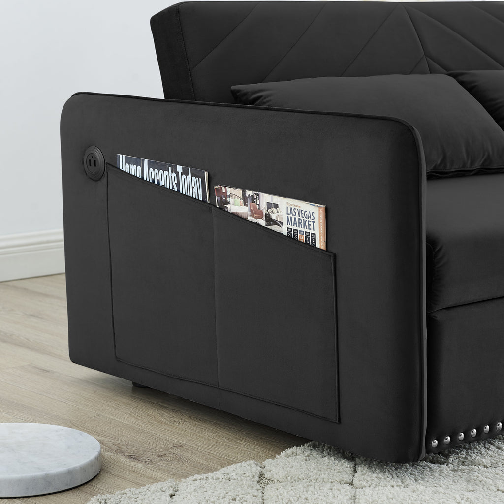 MH' Sleeper Sofa Bed w/USB Port, 3-in-1 adjustable sleeper with pull-out bed, 2 lumbar pillows and side pocket, soft velvet convertible sleeper sofa bed, suitable for living room bedroom