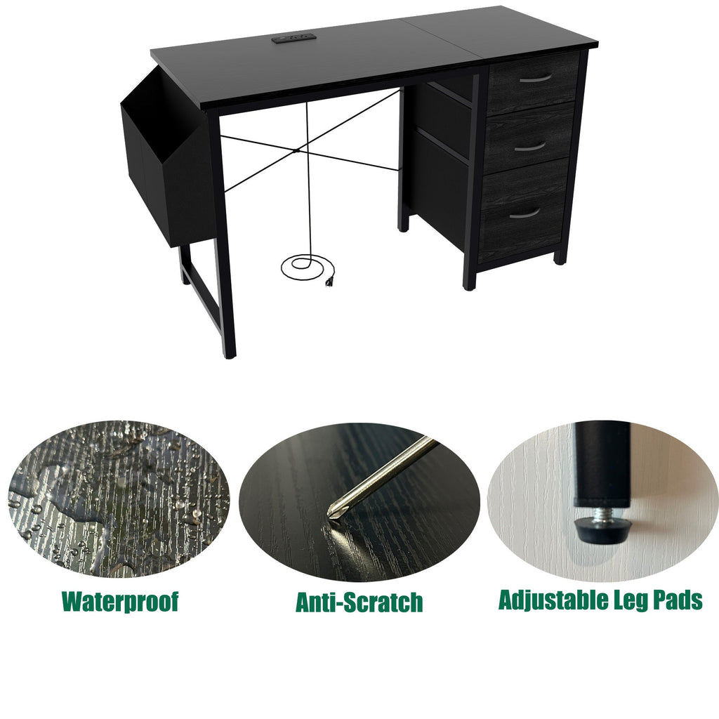 47.3'office desk with power outlet,3 drawers,Large Side Pocket, Desk Easy to Assemble,Frame stability Reversible,  for home desk, computer desk, game table,Writing desk,Vanity table, black