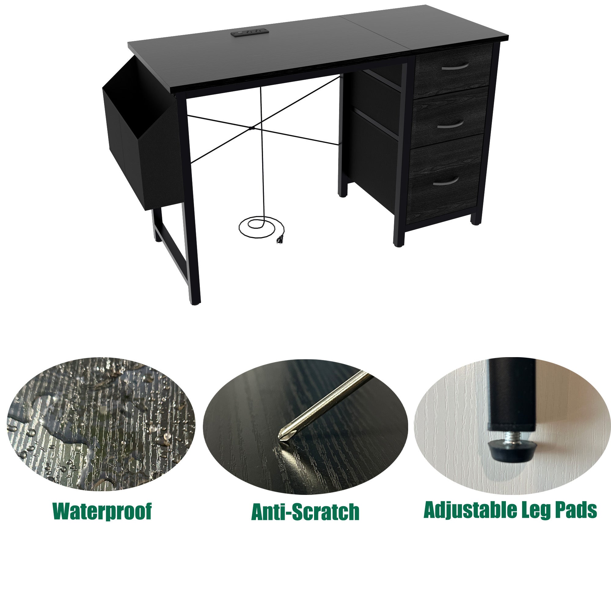47.3'office desk with power outlet,3 drawers,Large Side Pocket, Desk Easy to Assemble,Frame stability Reversible,  for home desk, computer desk, game table,Writing desk,Vanity table, black