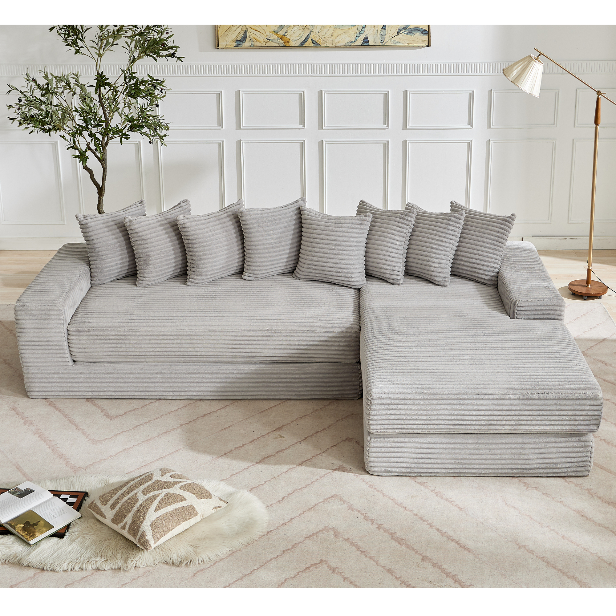 [NEW ARRIVED] [VIDEO PROVIDED] Oversize Cloud Couch, L-Shape Sofa, Convertible Floor Sleeper Sofa Bed, No Assembly ,Eight pillows,3-in-1,Magazine bag,(Right Facing Sofa),3 Seat,Corduroy,Light Gray