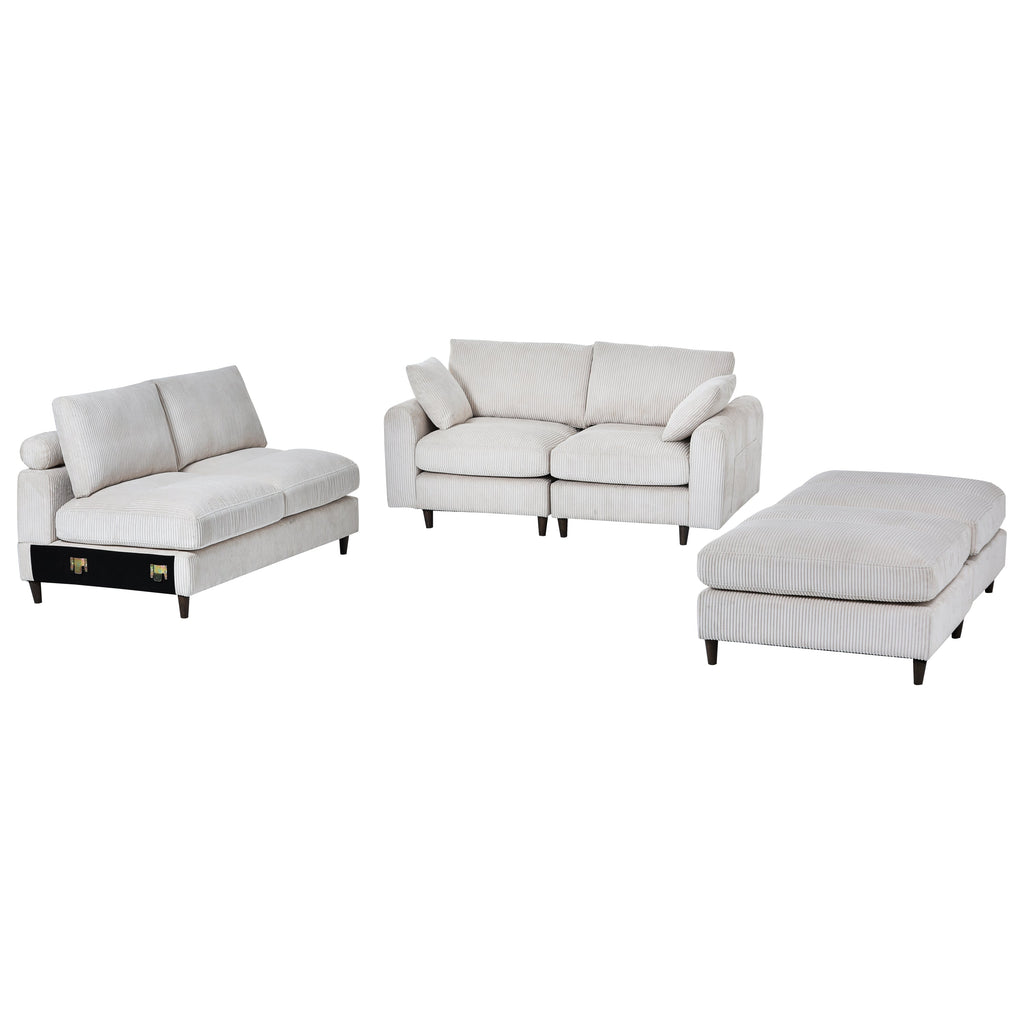 Modern corduroy modular section sofa, U-shaped convertible L-shaped sofa set with pillow, oversized sectional sofa with footstool, suitable for living room, attic, apartment, office - white 6 seat