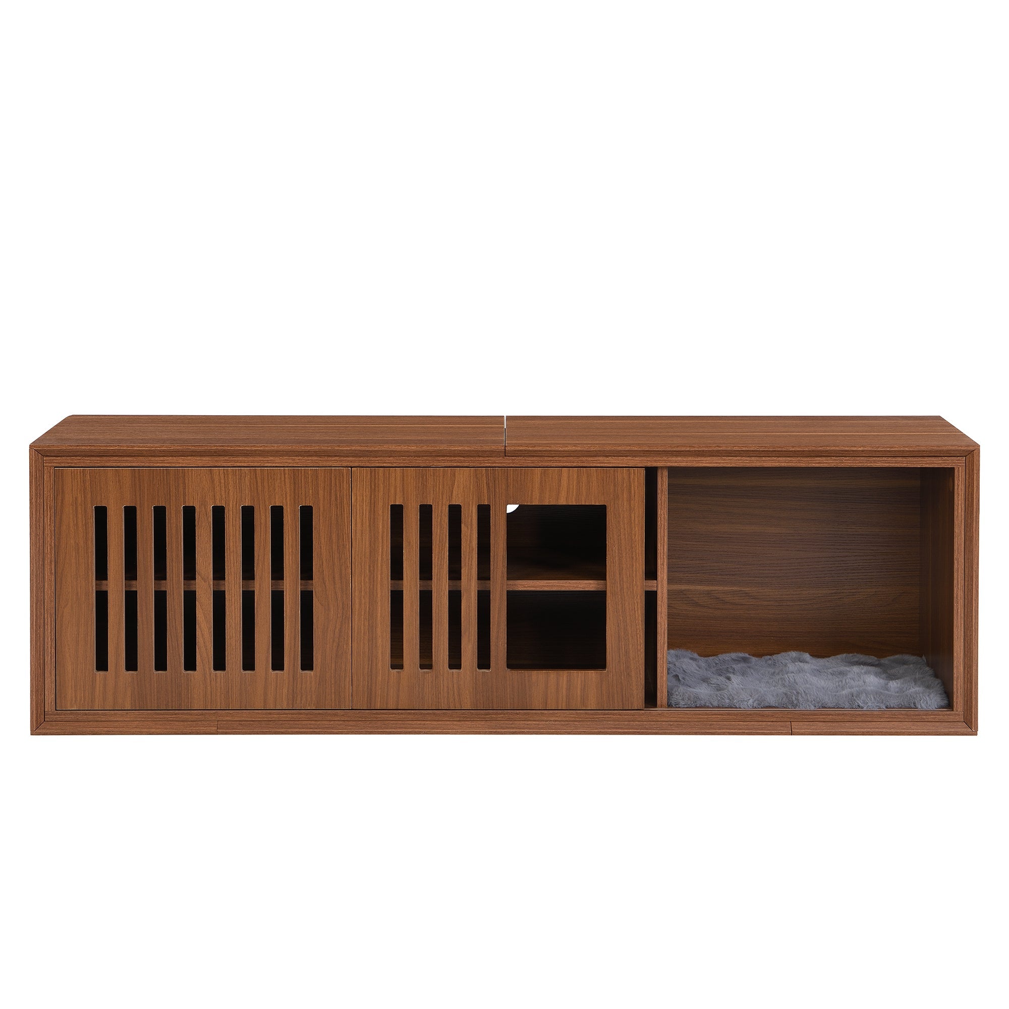 Mid-Century Modern 2 in 1 Cat Furniture, Cat House Litter Box Enclosure Walnut TV Stand With Extendable table, Sliding door. Wood TV Cabinet with Storage