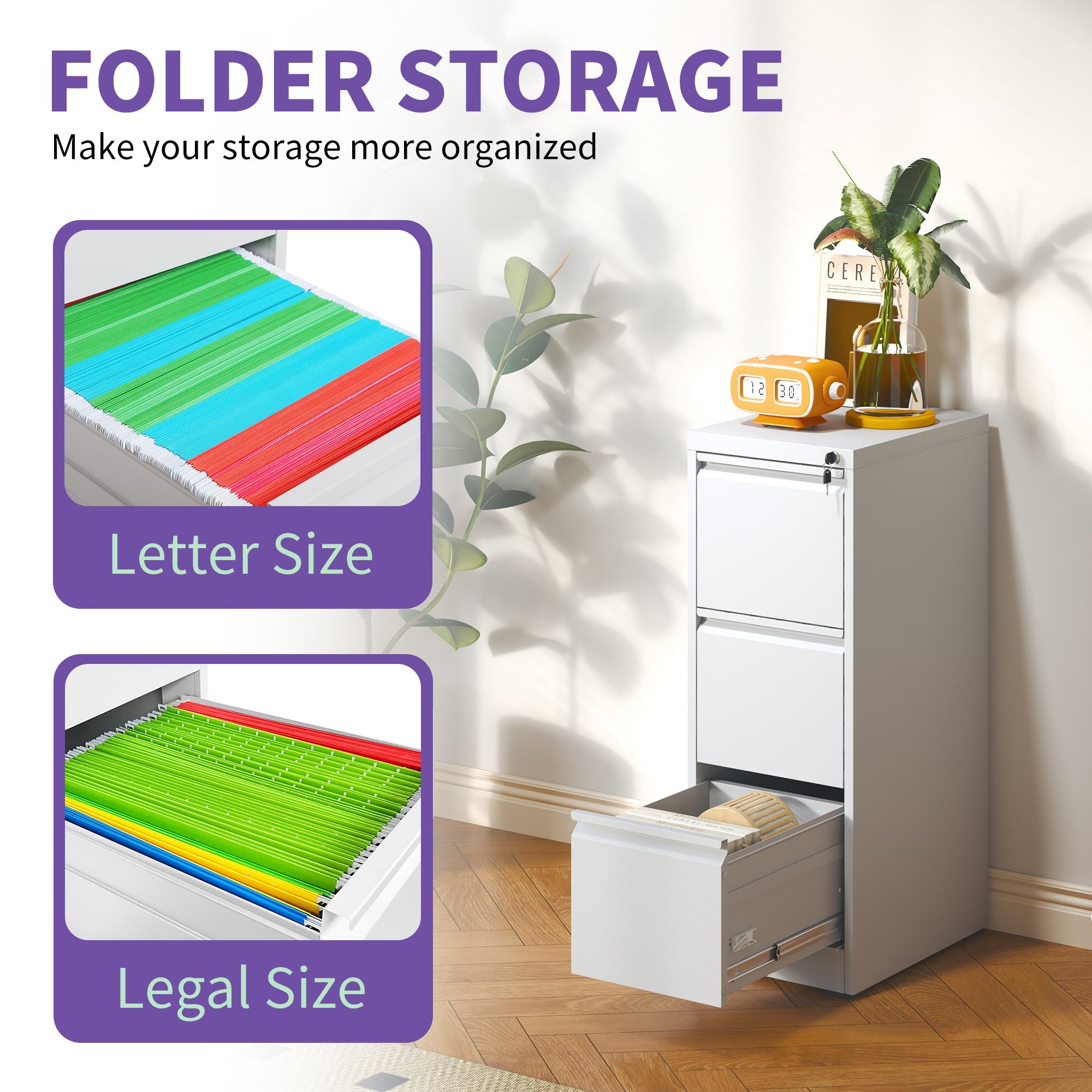 SteelCraft 3 Drawer Metal Vertical File Cabinet with Lock White Steel for A4 Legal/Letter Size