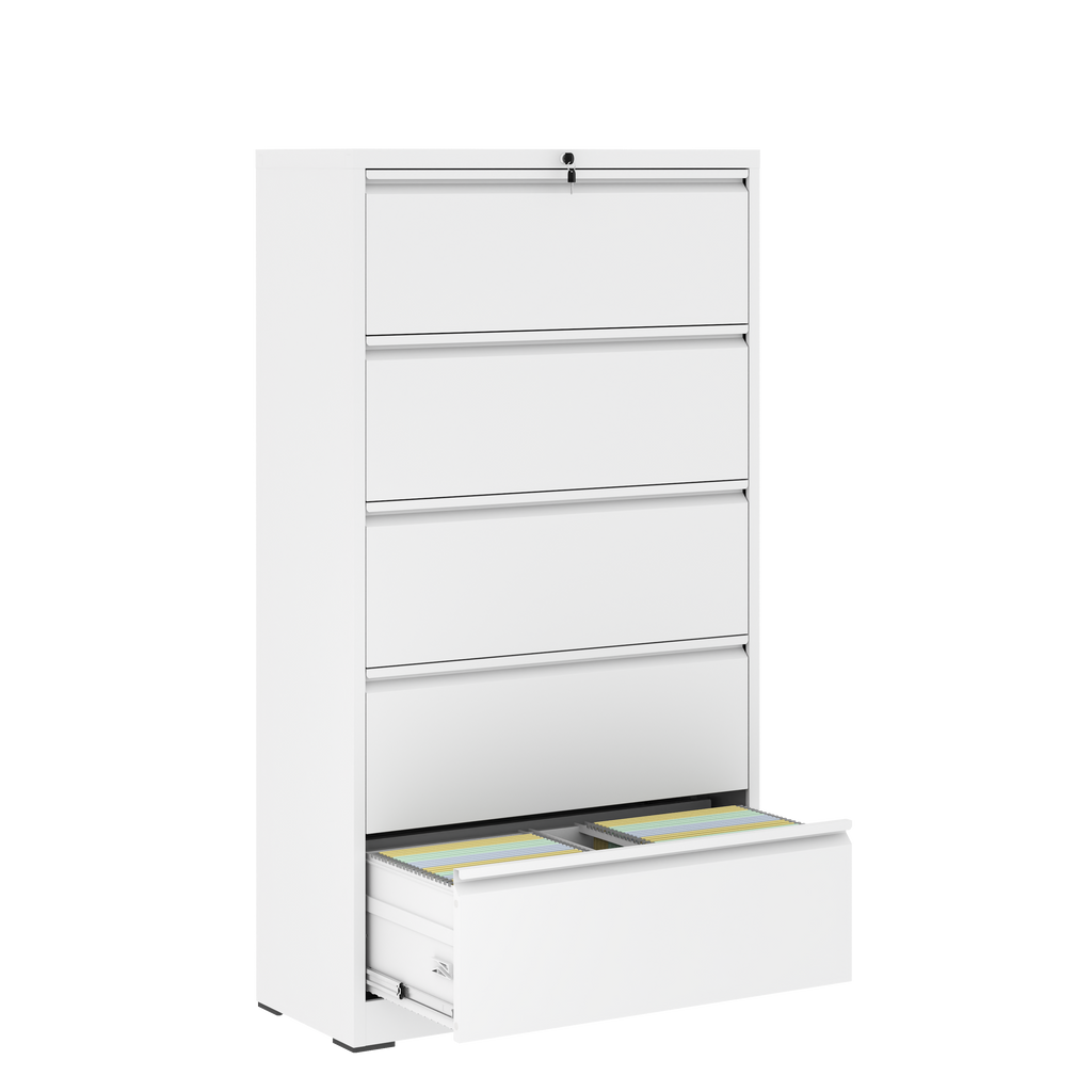 Modern 5-Drawer Steel Lateral File Cabinet with Lock, White Metal Filing Cabinet for Home and Office
