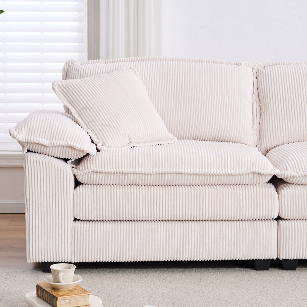 Corduroy 2-seats sofa With 2 back pillows,2 toss pillows and two ottoman,Comfy Sofa- Deep Seat Couch for Living Room,White