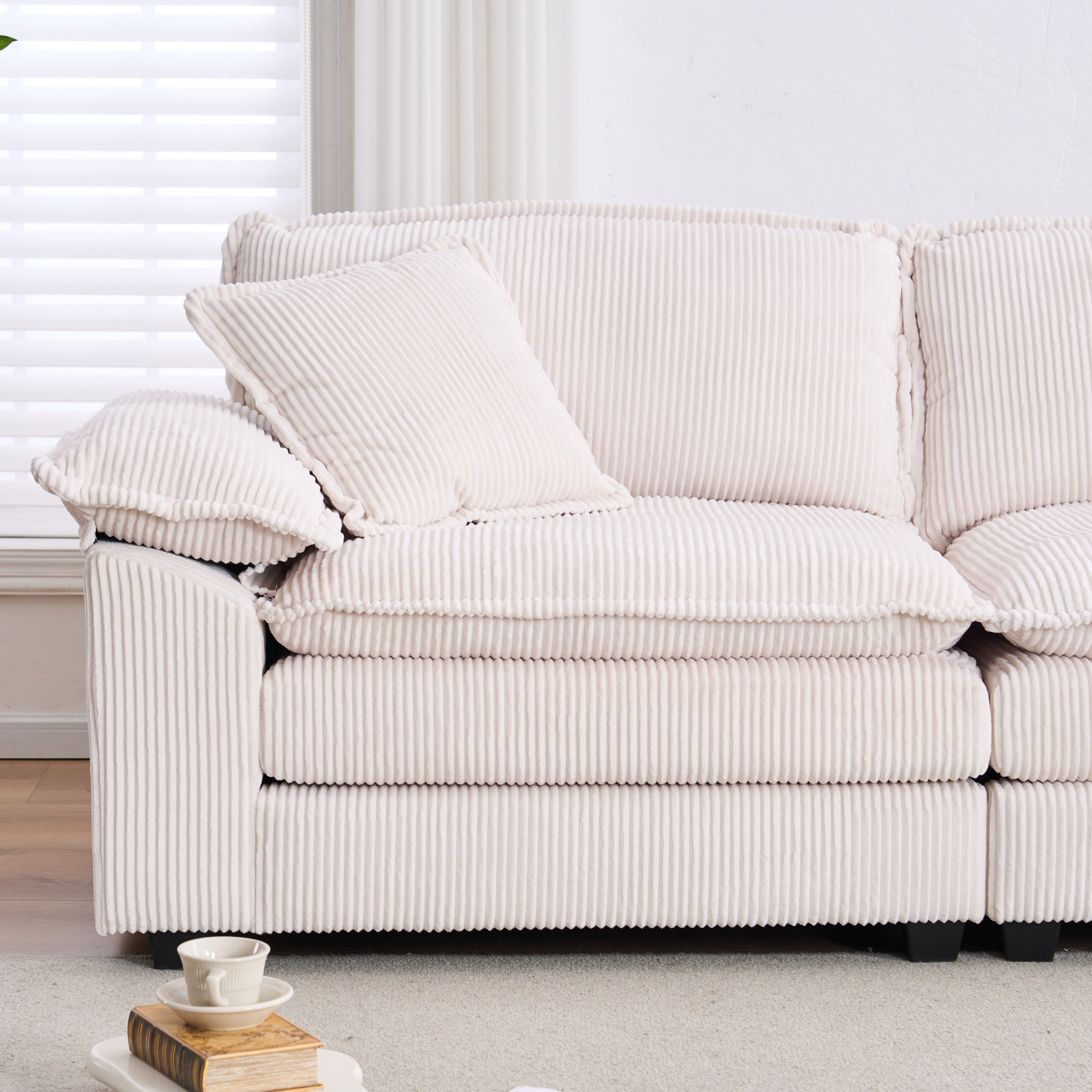 Corduroy 2-seats sofa With 2 back pillows,2 toss pillows and two ottoman,Comfy Sofa- Deep Seat Couch for Living Room,White
