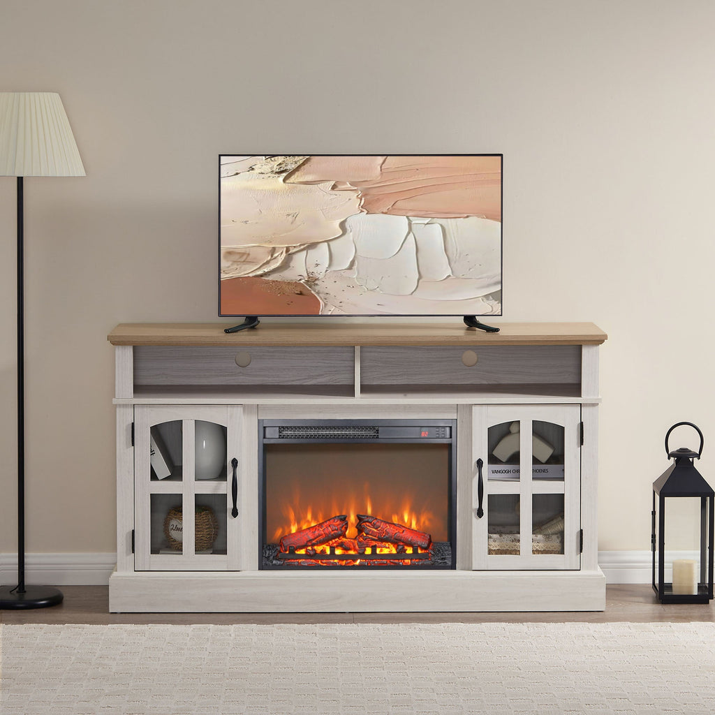 58' Fireplace TV Stand, Entertainment Center with 23' Electric Fireplace, TV Table for TVs up to 70 Inch, Media Console Cabinet with Storage and Glass Doors for Living Room