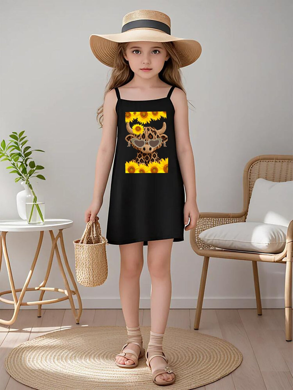 Yarn Highland Cow with Sunflowers Dress with Shoulder Straps for Girls