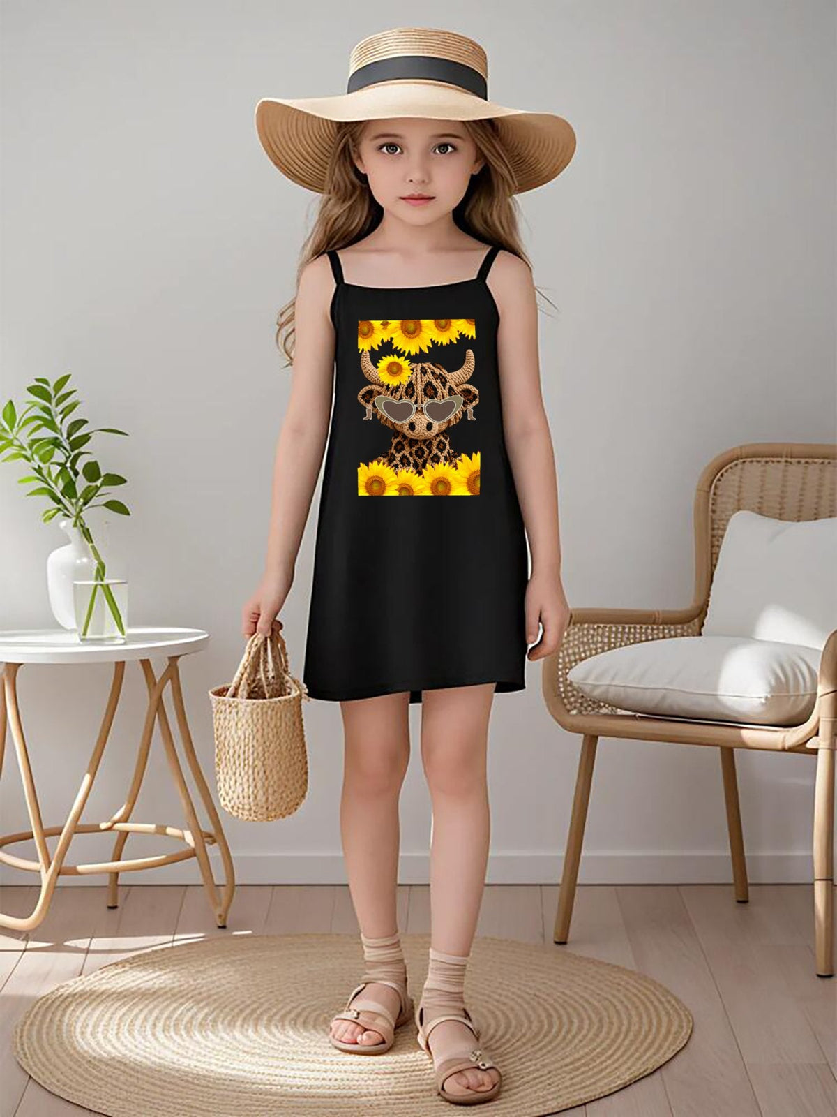Yarn Highland Cow with Sunflowers Dress with Shoulder Straps for Girls