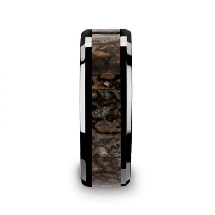 SILURIAN Dinosaur Bone Inlaid Black Ceramic Beveled Edged Ring - 4mm or 8mm