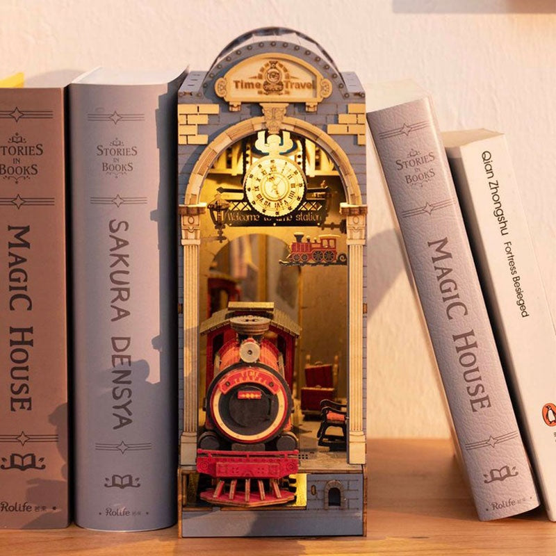 DIY Wooden Book Nook Kit – Sakura Densya Miniature Dollhouse with LED Light