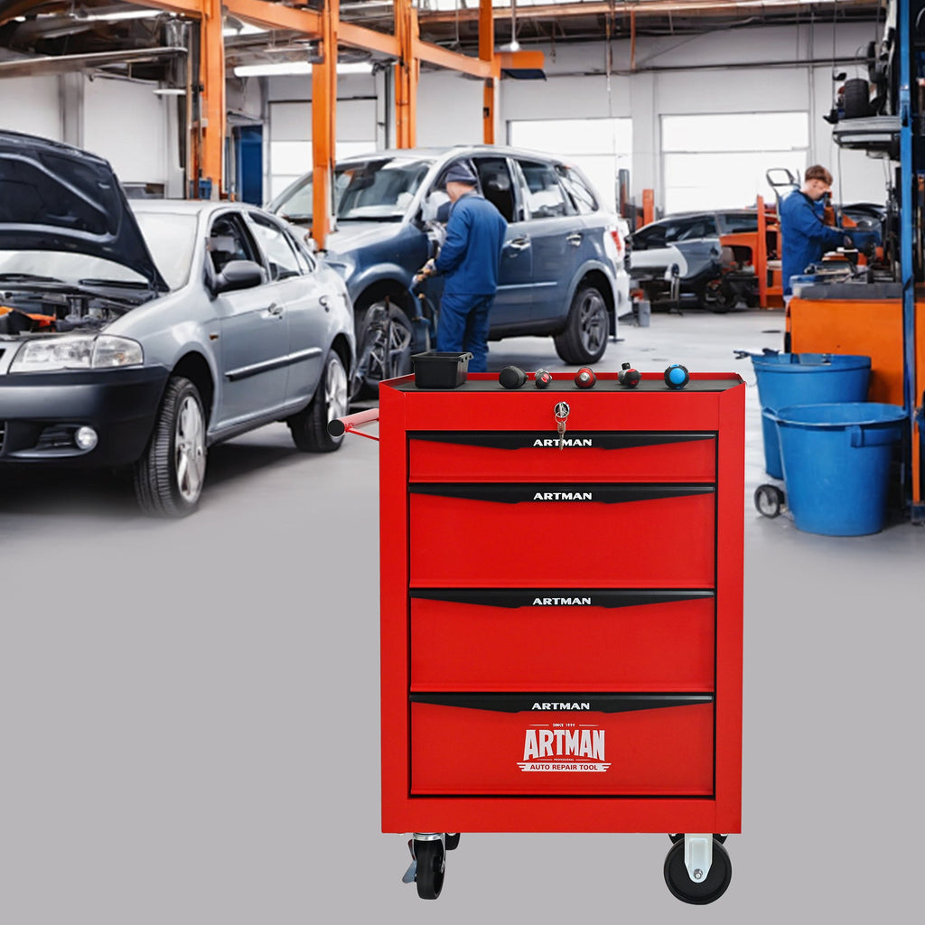 Rolling Metal Tool Chest with 4 Drawers, 20' Steel Storage Cabinet with Ball Bearing Slides, Black and Red Finish
