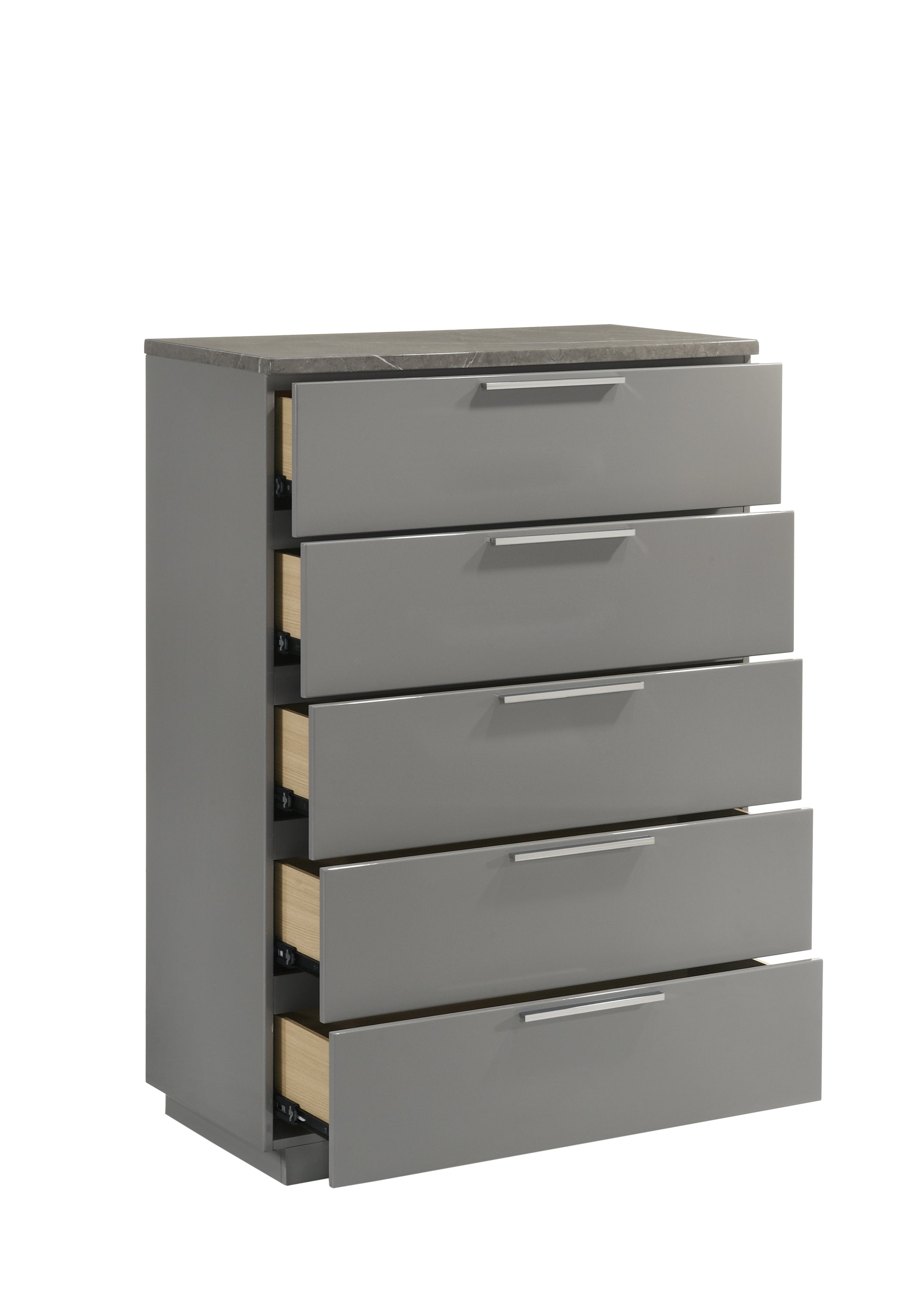 Elara Queen 5-Piece Set – Two-Tone High-Gloss Marble & Lacquer Finish with LED Lighting, Metal-Finished Legs, Spacious Storage- Gray (NJ Inventory)