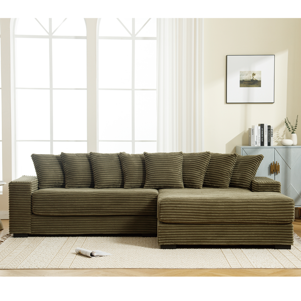 [NEW ARRIVED] [VIDEO PROVIDED] Oversized Two-Piece Couches, L Shaped Sofa, Corduroy, Right Chaise Daybed,with Armrests,Eight Throw Pillows,Corner Sofa,Easy To Assemble, Green