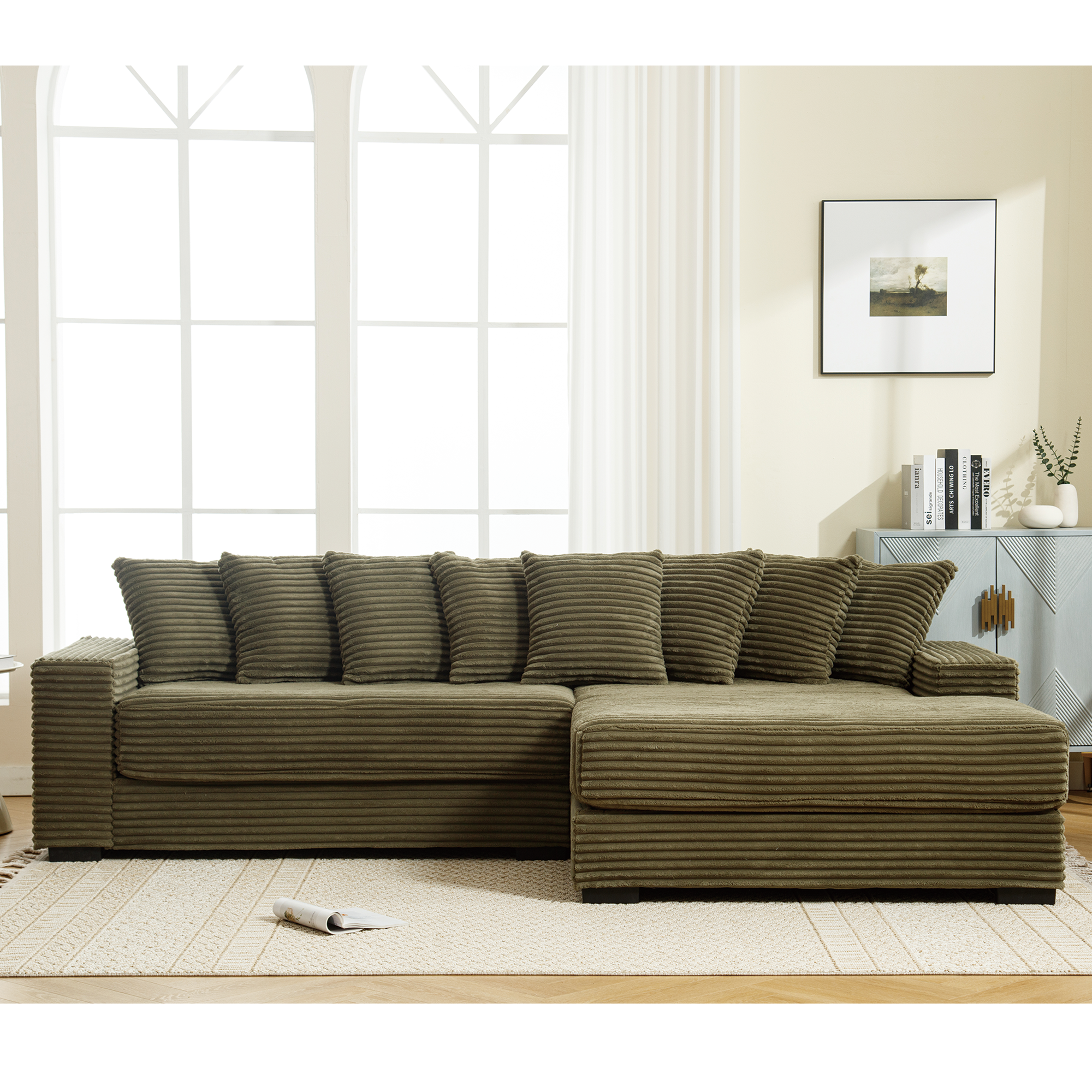 [NEW ARRIVED] [VIDEO PROVIDED] Oversized Two-Piece Couches, L Shaped Sofa, Corduroy, Right Chaise Daybed,with Armrests,Eight Throw Pillows,Corner Sofa,Easy To Assemble, Green
