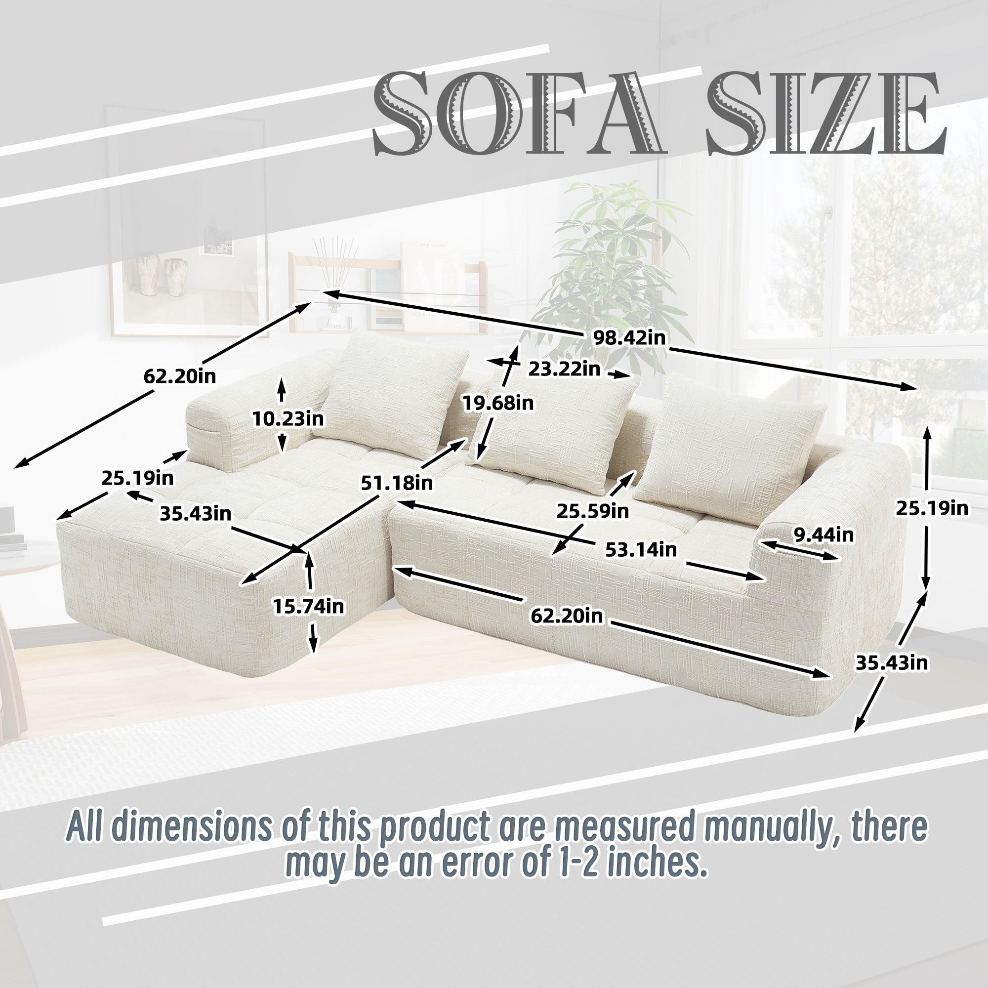 UNITED WE WIN 98.42-inch modular sectional sofa, modern modular L-shaped sofa with chaise longue, equipped with small side pockets and free of compression during installation.
