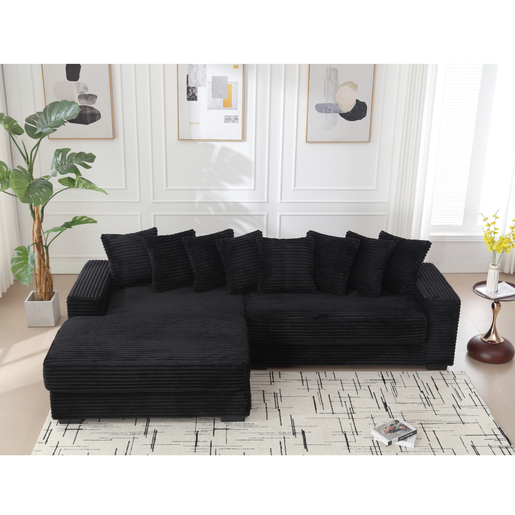[NEW ARRIVED] [VIDEO PROVIDED] Oversized Two-Piece  Couches,  L Shaped Sofa, Corduroy, Left Chaise Daybed,with Armrests,Eight Throw Pillows,Corner Sofa,Easy To Assemble, Black