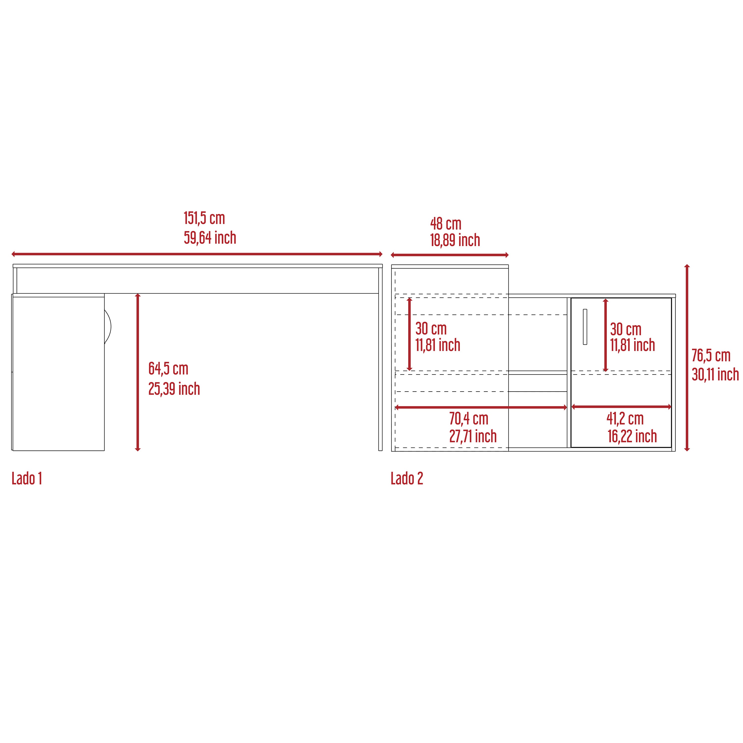 L-Shaped Desk, Single Door Cabinet, Two Open Shelves, Two Interior Shelves, White