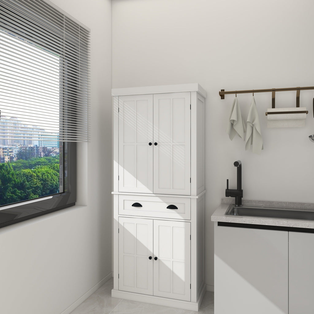 71' Kitchen Pantry Storage Cabinet , with 4 Doors, Drawer, 2 Adjustable Shelves, Freestanding Cupboard for Dining Room Living Room, Laundry-White