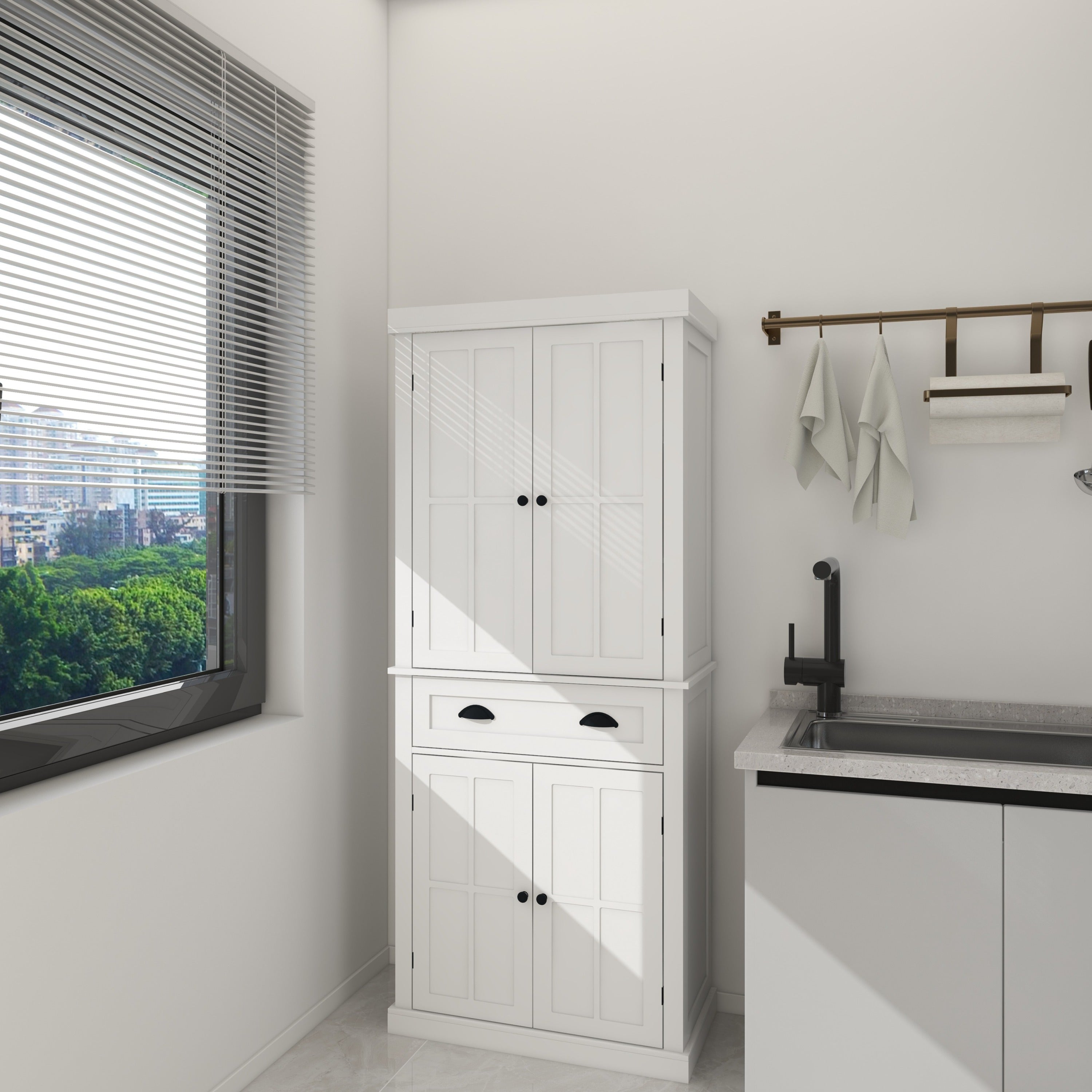 71' Kitchen Pantry Storage Cabinet , with 4 Doors, Drawer, 2 Adjustable Shelves, Freestanding Cupboard for Dining Room Living Room, Laundry-White