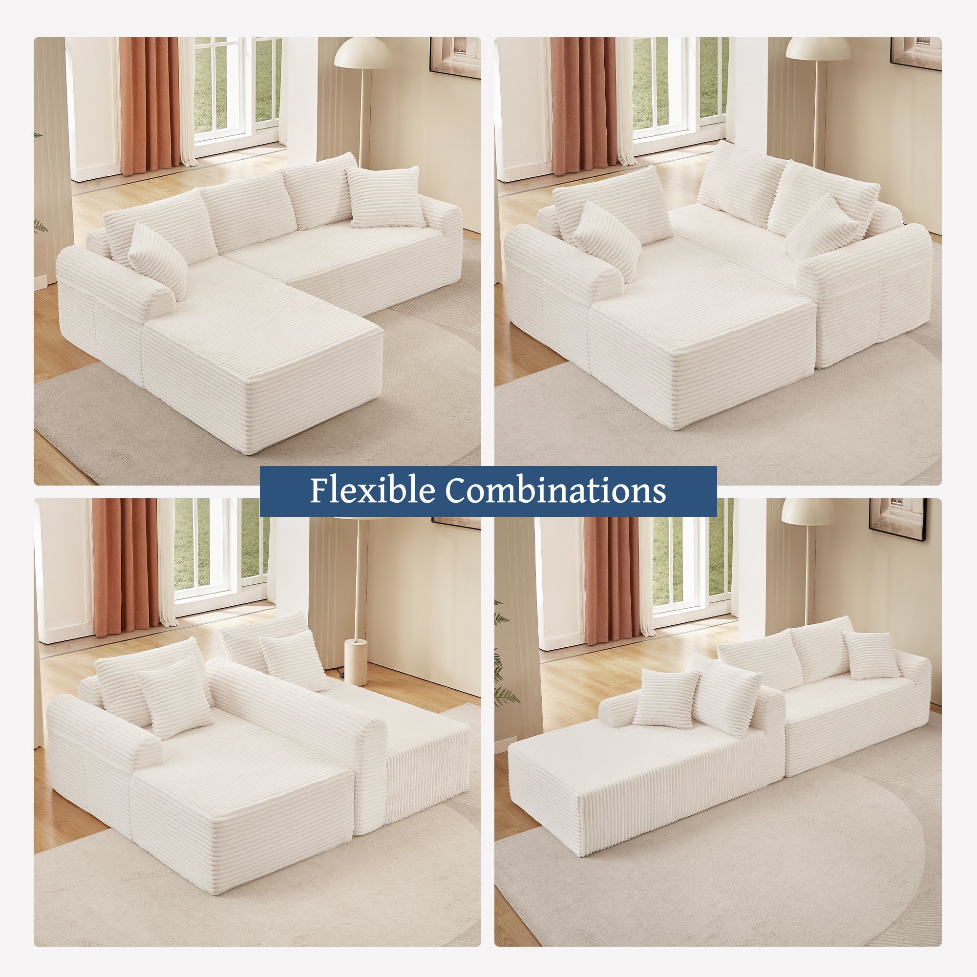 Full-Compression Chaise Lounge Set – Modular Corduroy Sectional with Arched Armrests, Non-Slip Base, Includes 3 Back Cushions & 2 Throw Pillows