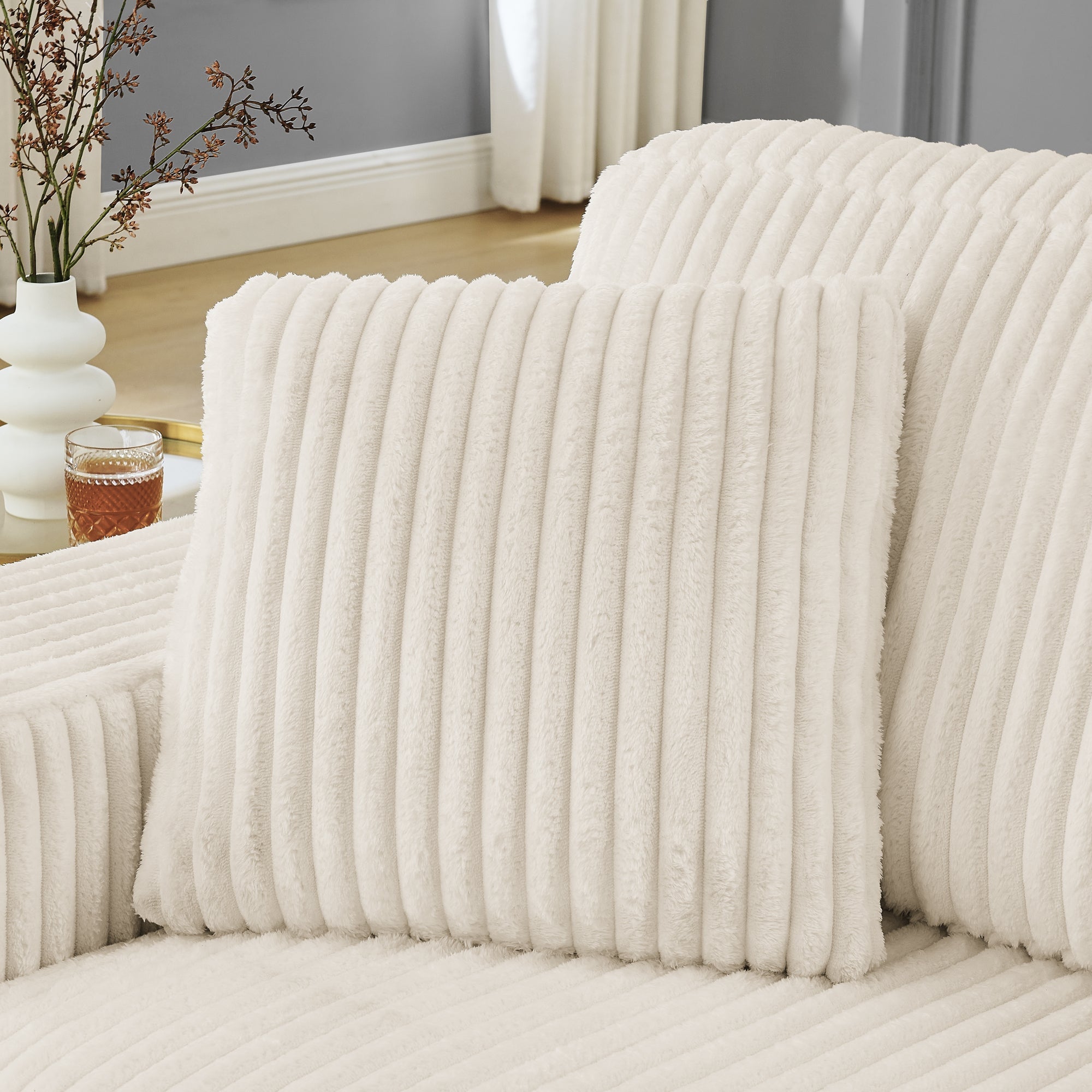 Corduroy Tufted Upholstered Sleeper Sectional Sofa, L-Shaped Modular Convertible Sofa ,The arc-shaped footstool can be placed freely on the left and right-Beige