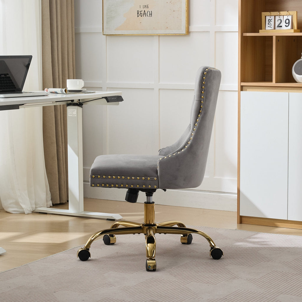 A&A Furniture Office Chair,Modern Velvet Upholstered Tufted Button Home Office Chair with Golden Metal Base,Adjustable Desk Chair Swivel Office Chair (Gray)