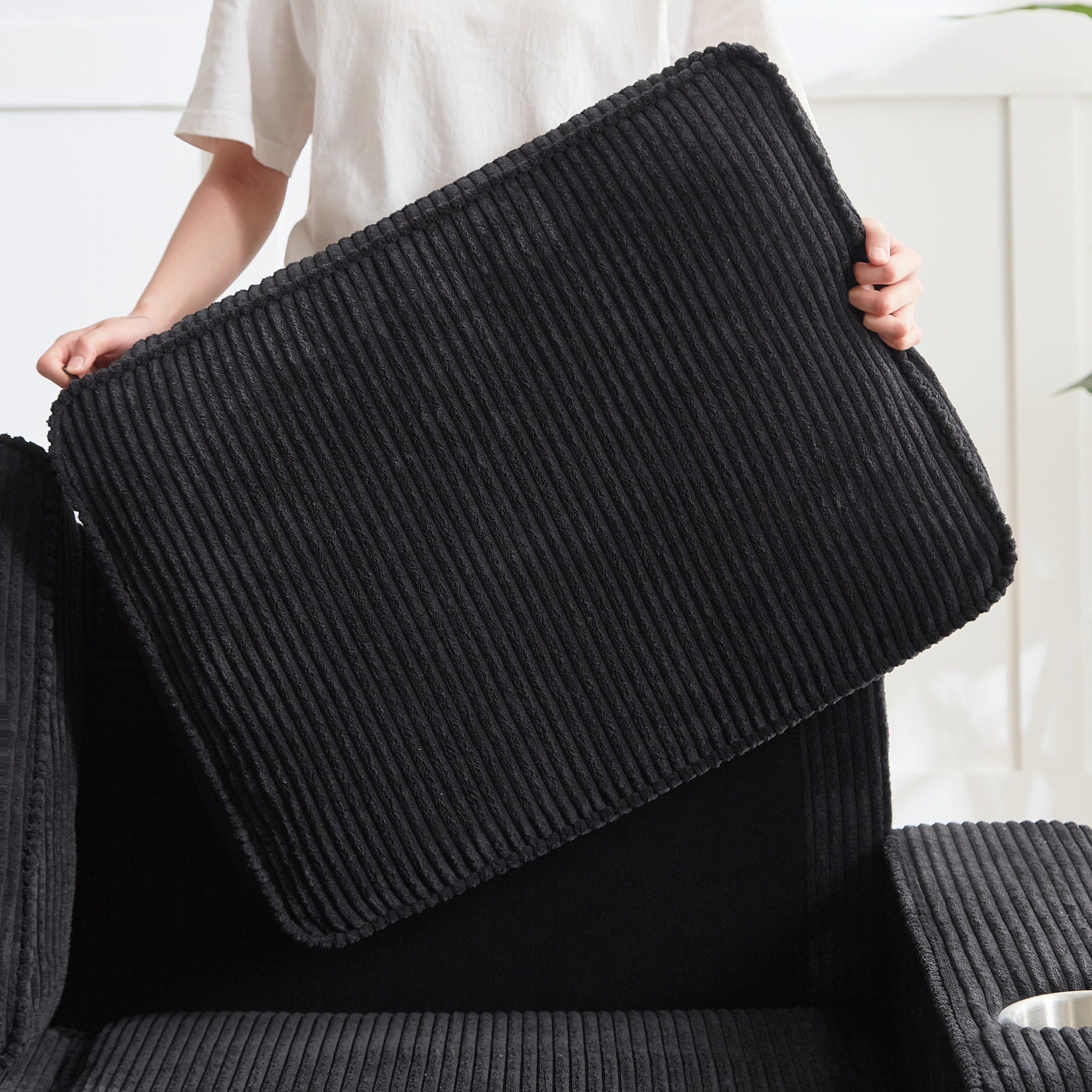 Modern Corduroy Fabric Sofa, 3-Seater Compressed Couch with Cup Holders, Black, 84.25'