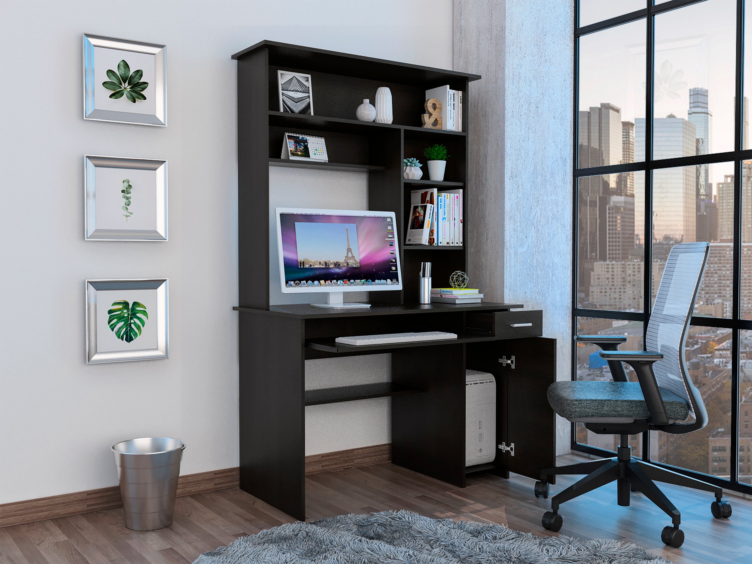 Compu 180 Hutch Desk, Multiple Shelves, Keyboard Tray, CPU anel, One Drawer -Black