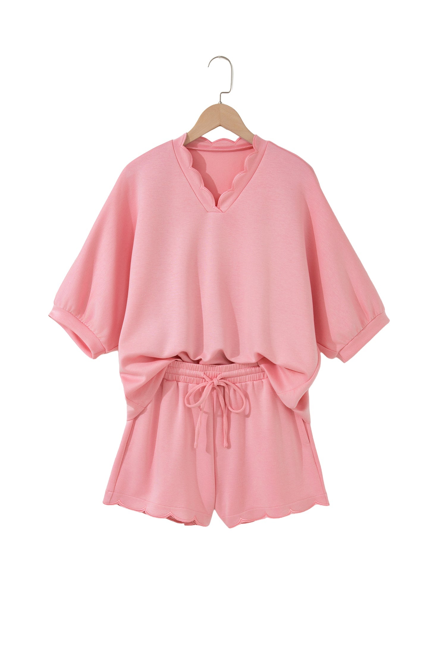 Scalloped V-Neck Dolman Top & Drawstring Short Set
