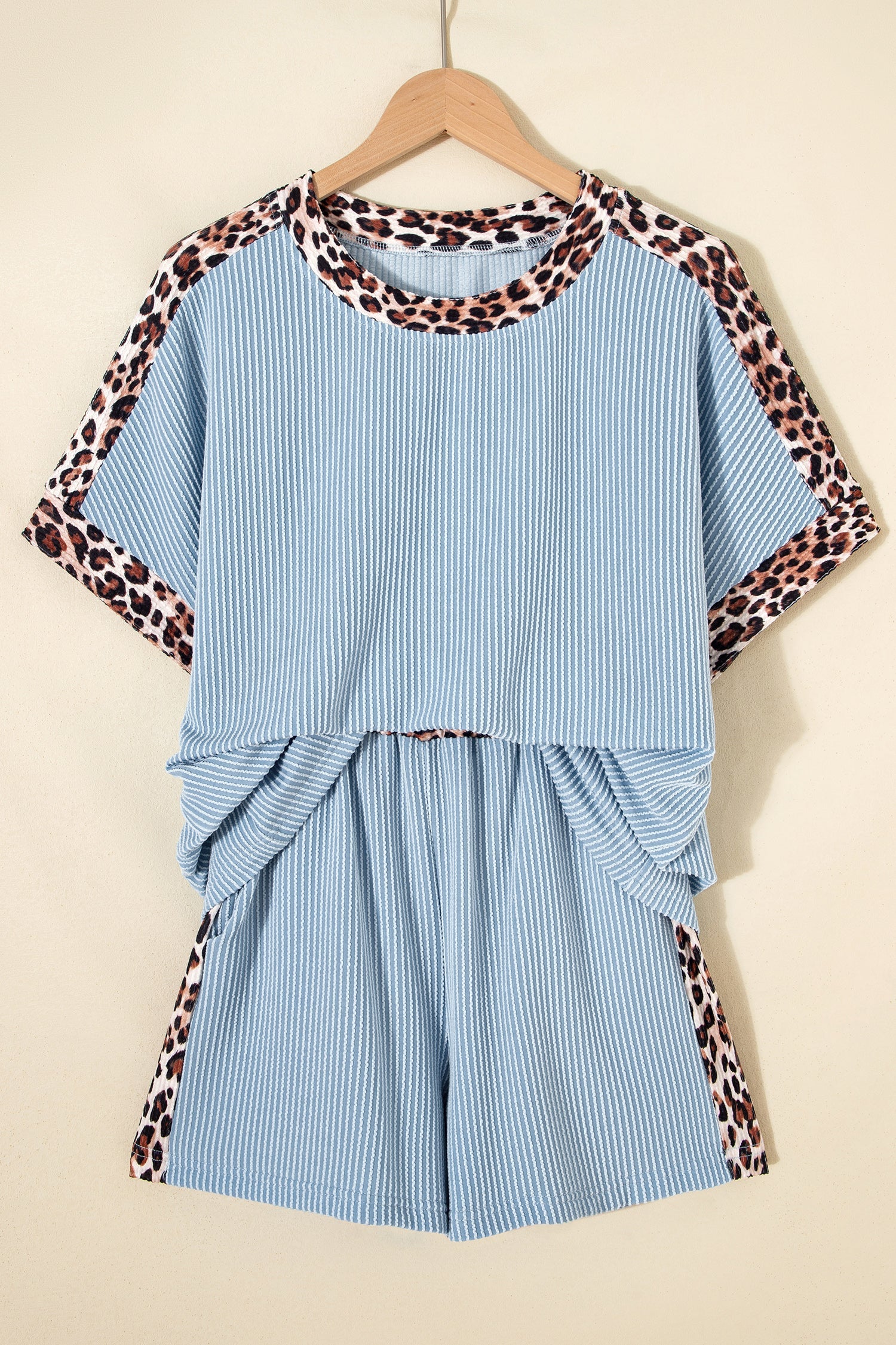 Leopard Trim Corded Knit Top & Shorts Set