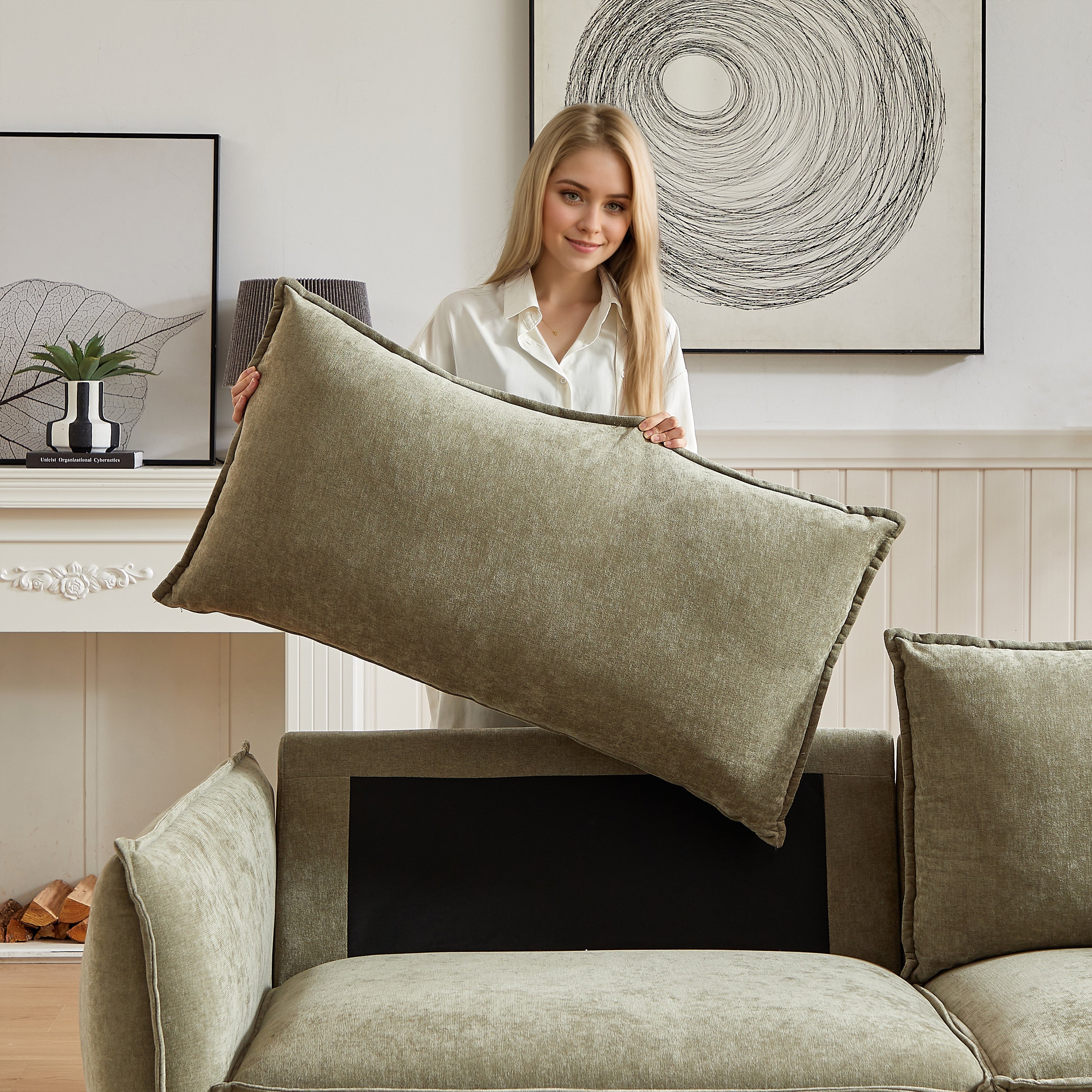 3-Seater + 3-Seater + 1-Seater Combo Sofa Modern Living Room Sofa, Linen Fabric Sofa, Wooden Frame with 5 Pillows, Apartment Sofa Furniture