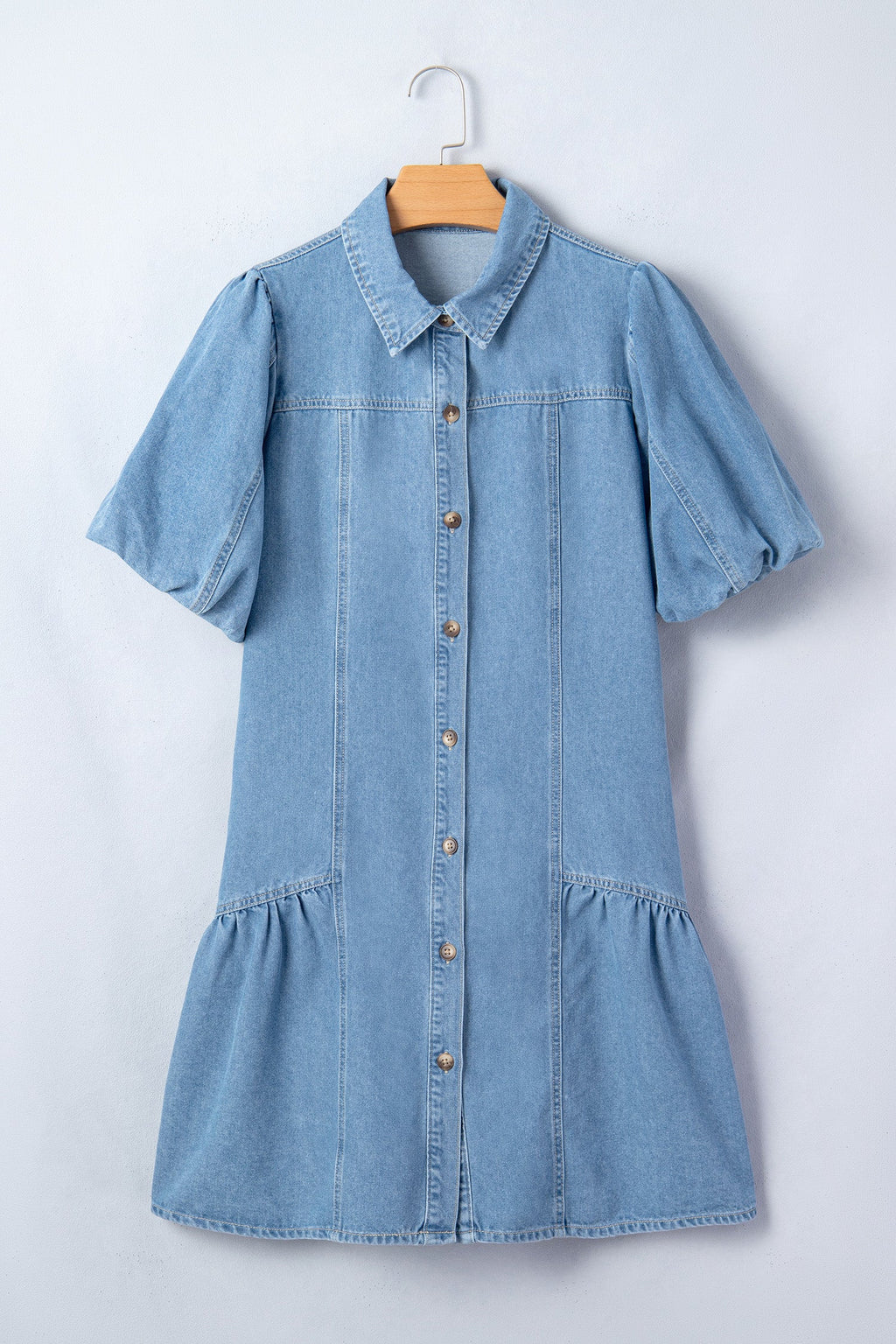 Denim Short Puff Sleeve Ruffle Hem Buttoned Dress