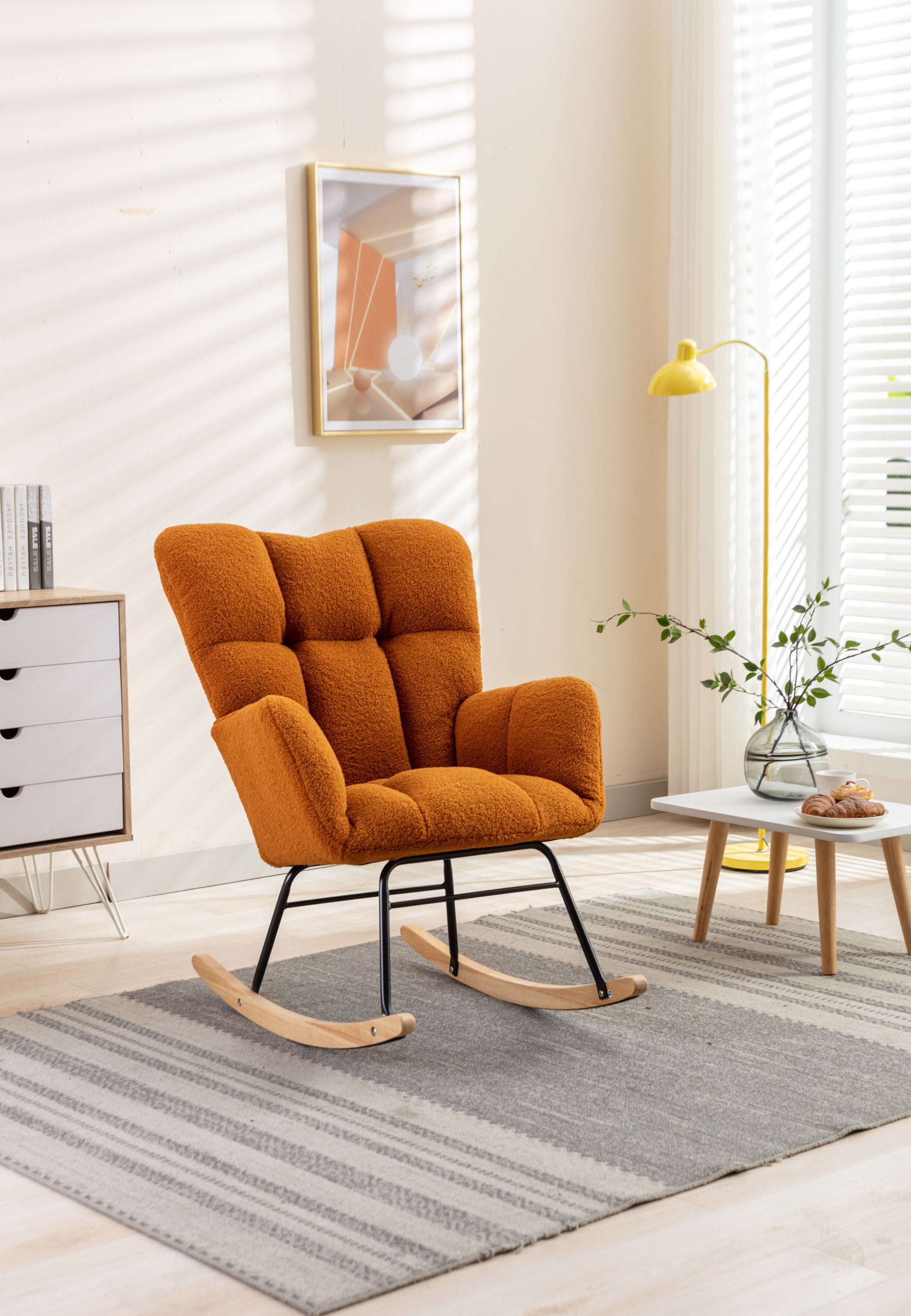 050-Teddy Fabric Rocking Gilder Nursery Chair For Living Room Indoor,Caramel