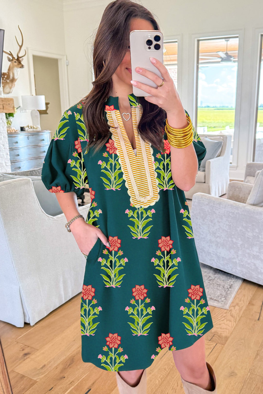 Floral Contrast Trim Stripe Patchwork Short Sleeve Dress