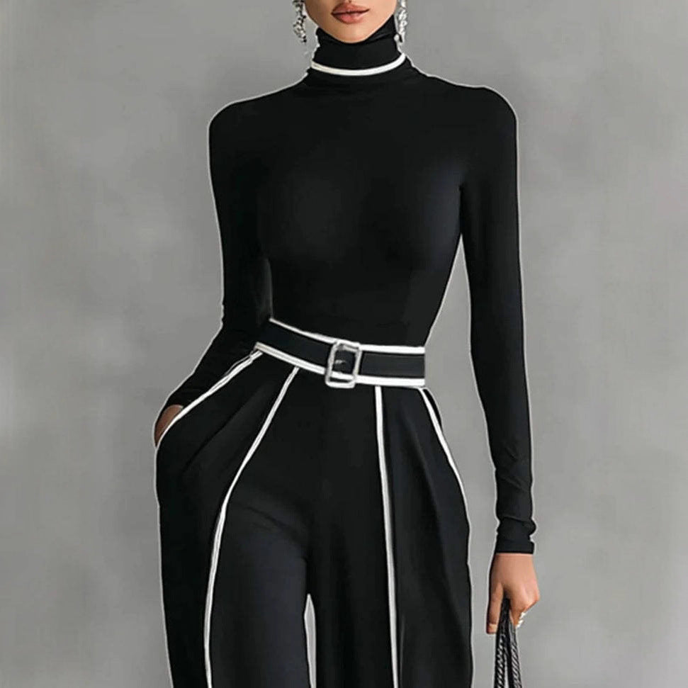 Women's Creative Elegant Stand Collar Contrast Color Binding Long-sleeved Knitted Wide-leg Pants Suit (see size chart under more details)