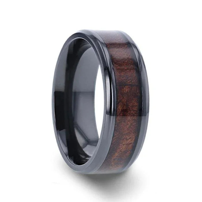 CERISE Redwood Inlaid Black Ceramic Ring with Beveled Edges - 8mm