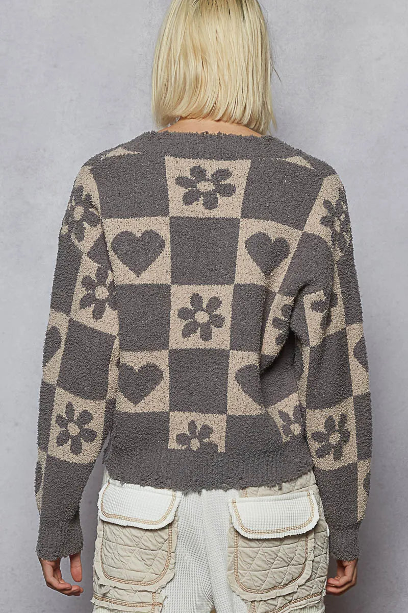 Pol V Neck Heart Pattern Checkered Sweater Oversized