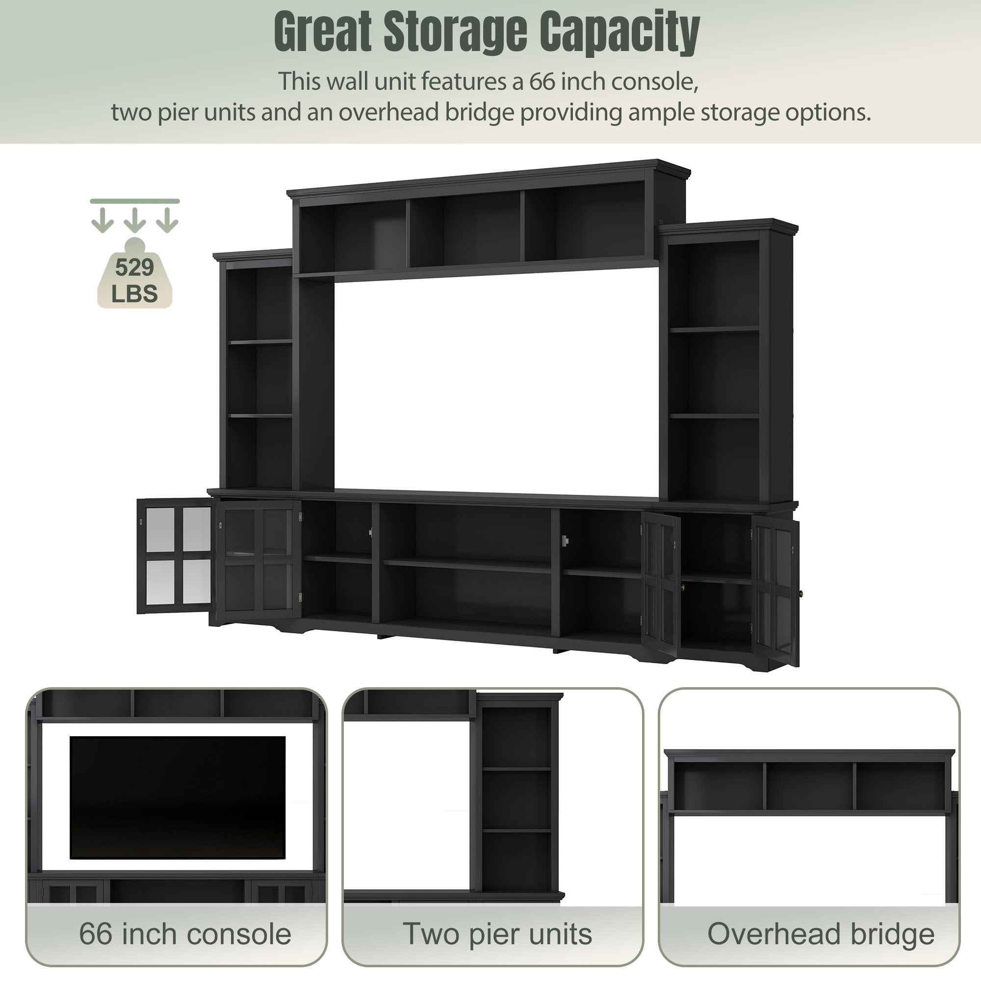 [VIDEO provided] ON-TREND Minimalism Entertainment Wall Unit with Bridge, Modern TV Console Table for TVs Up to 70', Multifunctional TV Stand with Tempered Glass Door, Black (Old SKU: SD000009AAB)