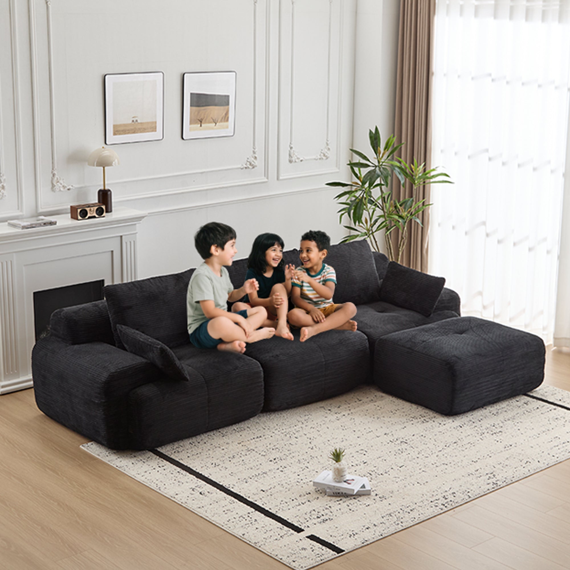 Modern Memory Foam Compressed Sofa,Large Sectional Couches for Living Room,Pet-Friendly Cloud Modular Sectional Sofa,Corduroy Fabric,Extra Deep Loveseat,No assembly required, Black