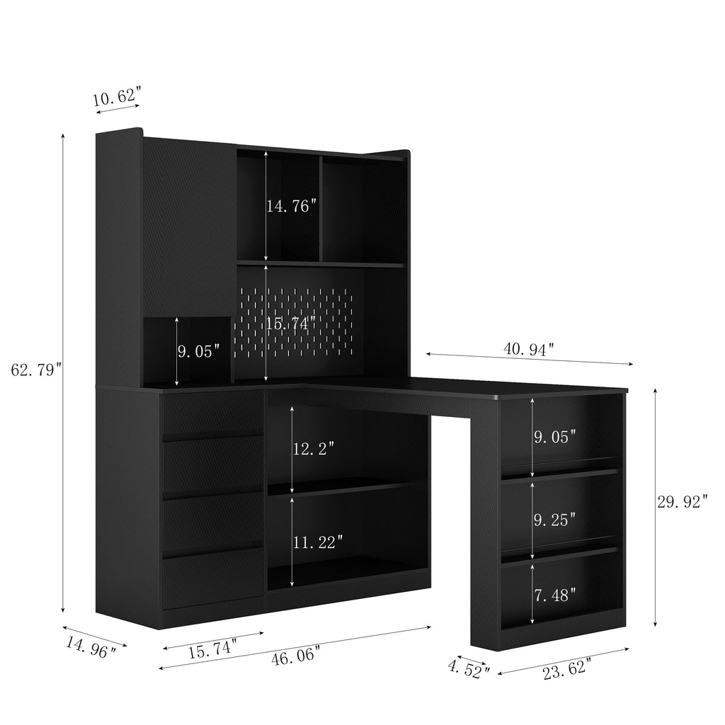 L Shaped Desk,Computer Desk with Drawers,Bookshelf,with LED Light,Modern Corner Desk,Home Office Desk,L-Shaped Study Table Writing Desk,Corner Gaming Computer Desk with Storage