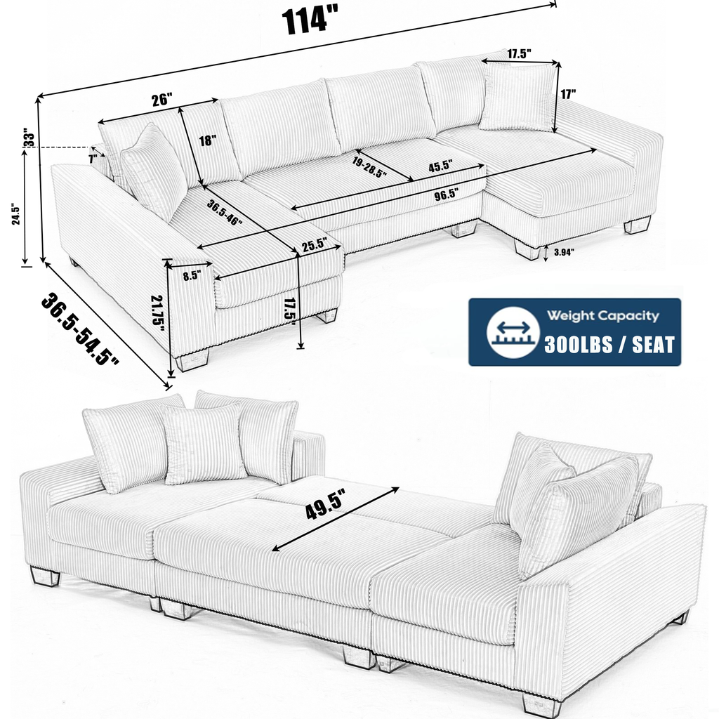 [NEW ARRIVED] [VIDEO PROVIDED]   114' Sleeper Sofa,U Shaped Sofa , Pull Out Bed,Convertible Oversize 2 in 1 Sleeper Sofa, Living Room,Upholstery Sofa Bed,Adjustable Sleeper Sofa,Corduroy,Black