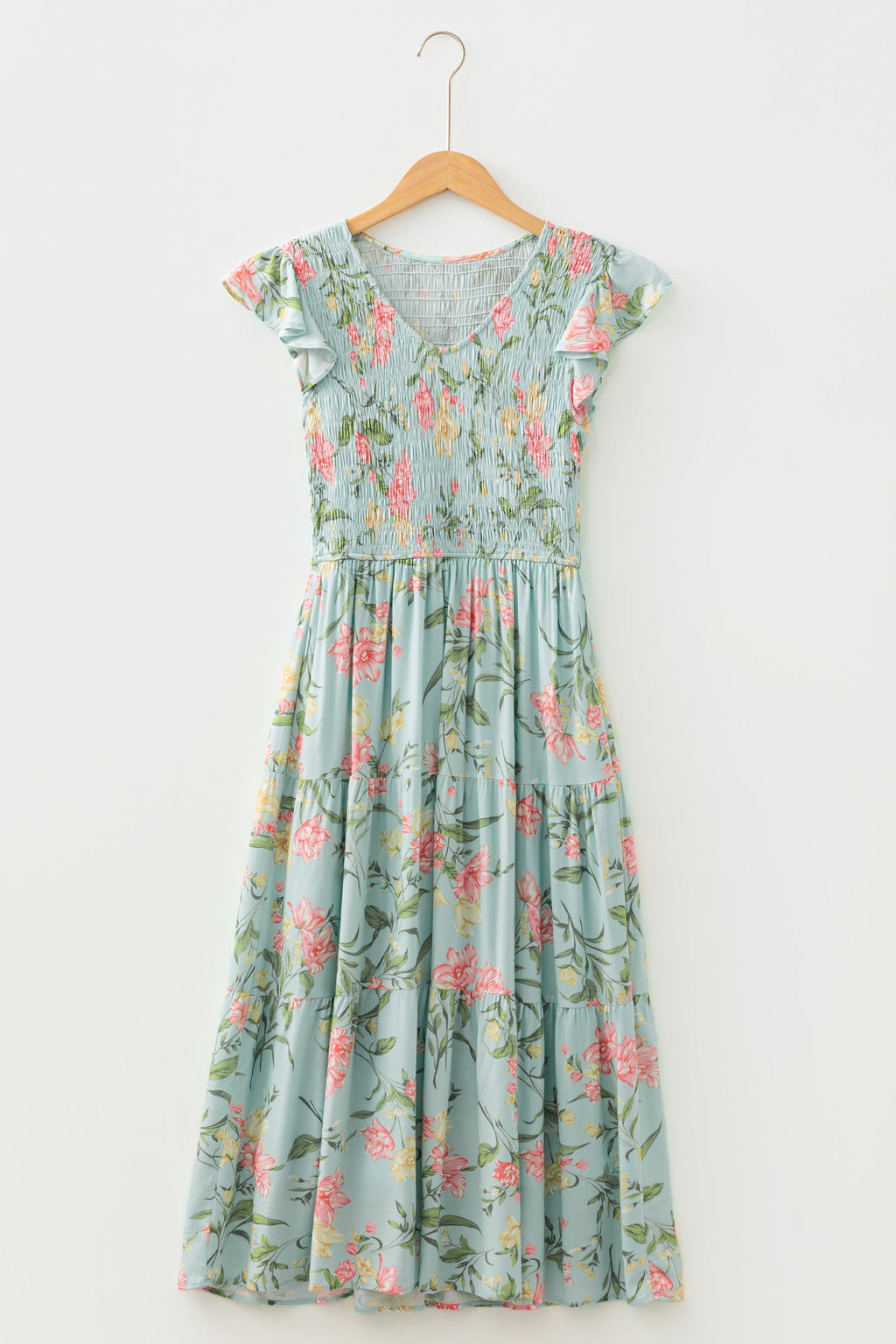 Floral Smocked V-Neck Ruffle Tiered Maxi Dress