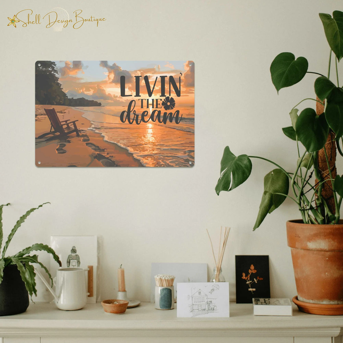Livin the Dream Beach Scene Printed Metal Sign - 12 x 8 inches