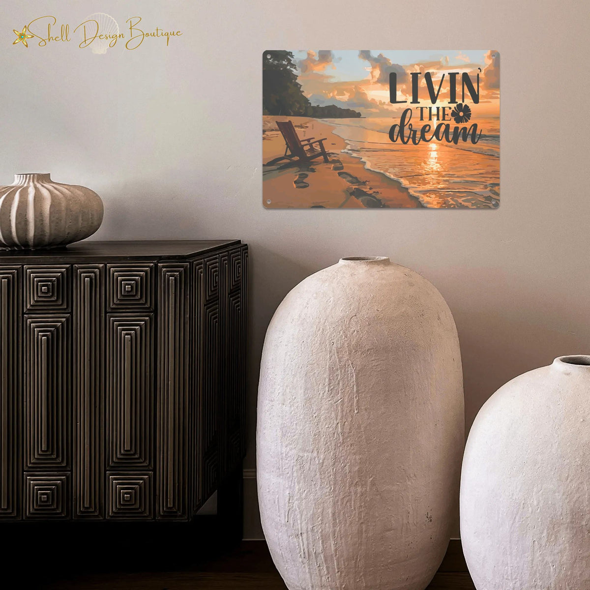 Livin the Dream Beach Scene Printed Metal Sign - 12 x 8 inches