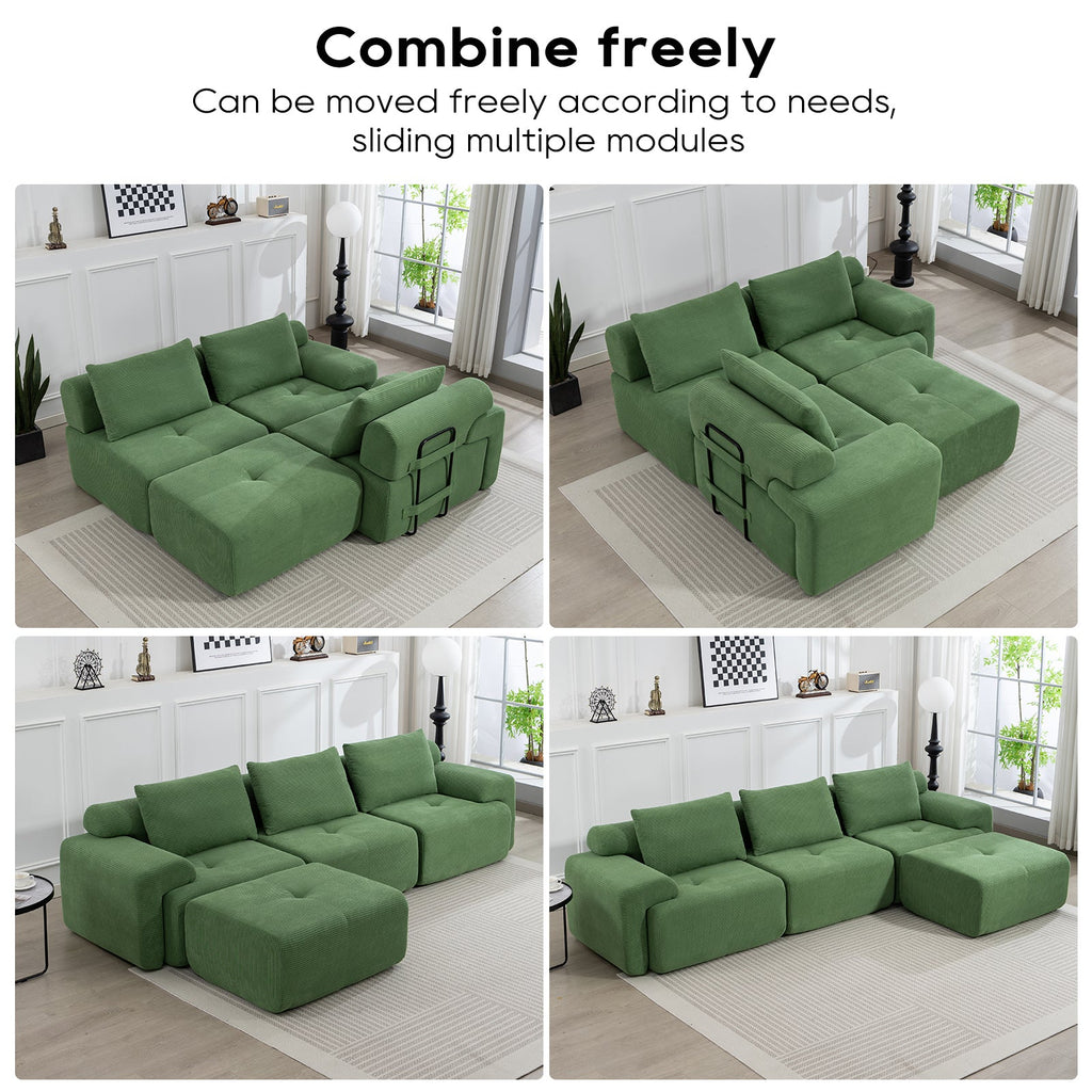 L-Shaped Sectional Couches for Living Room with Memory Foam & Steel Frame - No Assembly Convertible Sofa Bed, Corduroy Fabric Compression Sofa, Modular Couch for Apartments,Bedrooms,Home Theate,Green