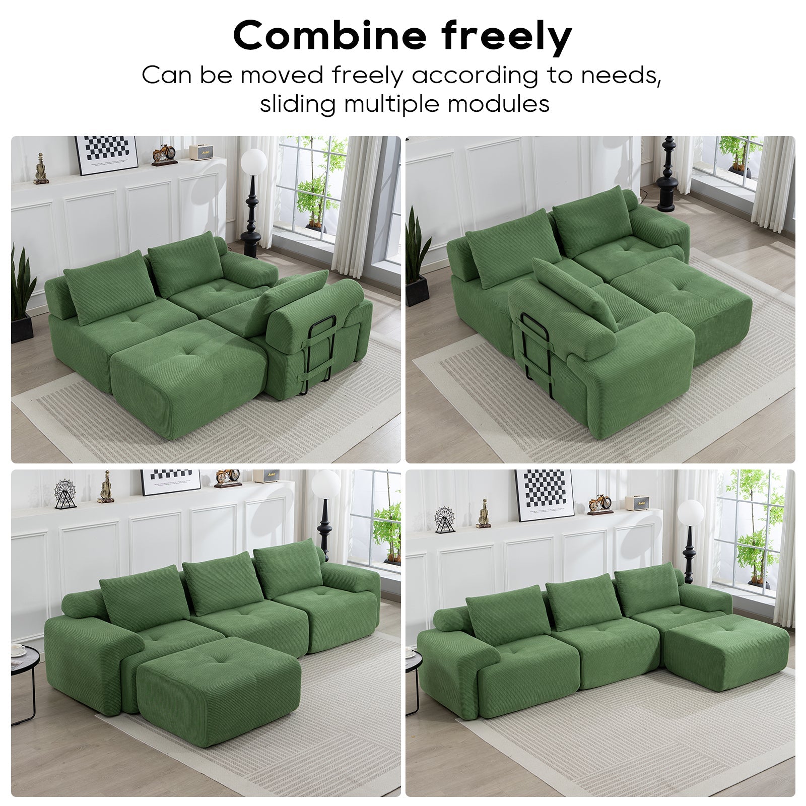 L-Shaped Sectional Couches for Living Room with Memory Foam & Steel Frame - No Assembly Convertible Sofa Bed, Corduroy Fabric Compression Sofa, Modular Couch for Apartments,Bedrooms,Home Theate,Green