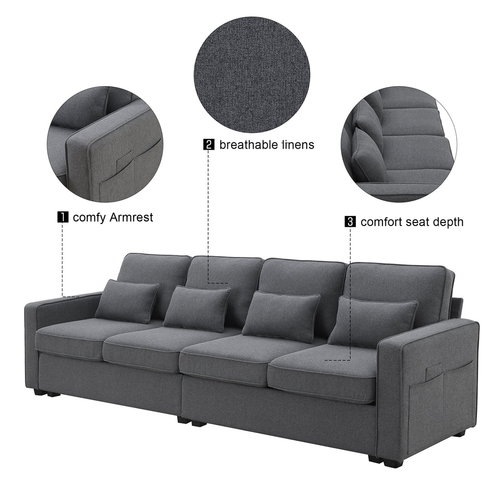 [VIDEO provided] [New] 104' 4-Seater Modern Linen Fabric Sofa with Armrest Pockets and 4 Pillows,Minimalist Style Couch for Living Room, Apartment, Office,3 Colors
